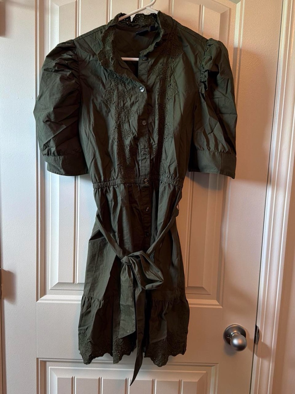 GAP Olive Green Puff-Sleeve Midi Dress with Waist Tie
